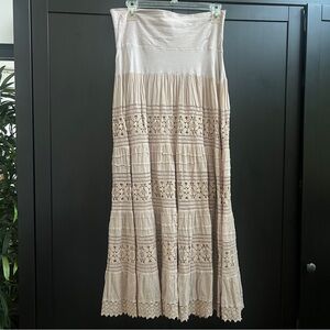 Bohemian Vintage Lace Panel Maxi Skirt - Cream Peach Size Medium